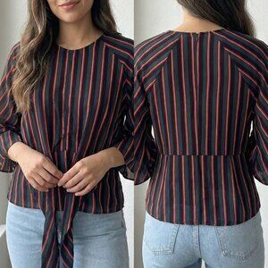 Black Multi-Stripe Tie-Front Blouse - 3/4 Sleeve Career Top